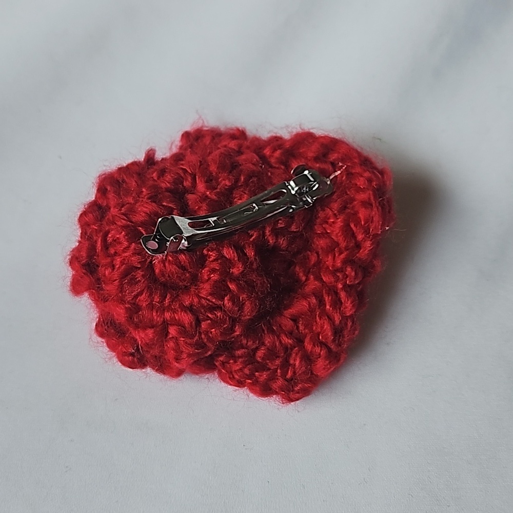 Hand Crafted Red Crochet Chunky yarn Red & white Puffy Flower barrette Hair Clip - Picture 4 of 17